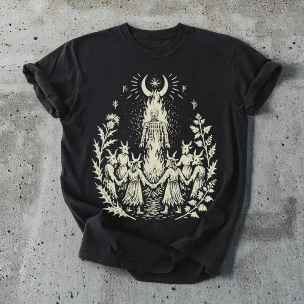 Wicker Man T-Shirt Pagan Ritual Goat Mask Cult Bonfire Printed Shirt Unique Style Mens Tshirt Graphic Printed Unisex Cotton Tops