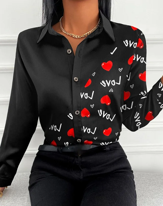 New Valentine's Day Heart Shaped Letter Printed Button Top Hot Selling Fashion Single Breasted Long Sleeved Shirt