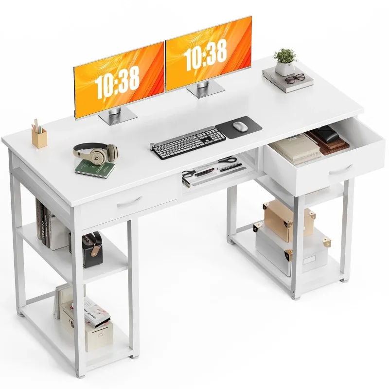 

48 Inch Small Desk with Fabric Drawers & Storage Shelves, Computer Desk, Writing Desk for Home Office, Bedroom,