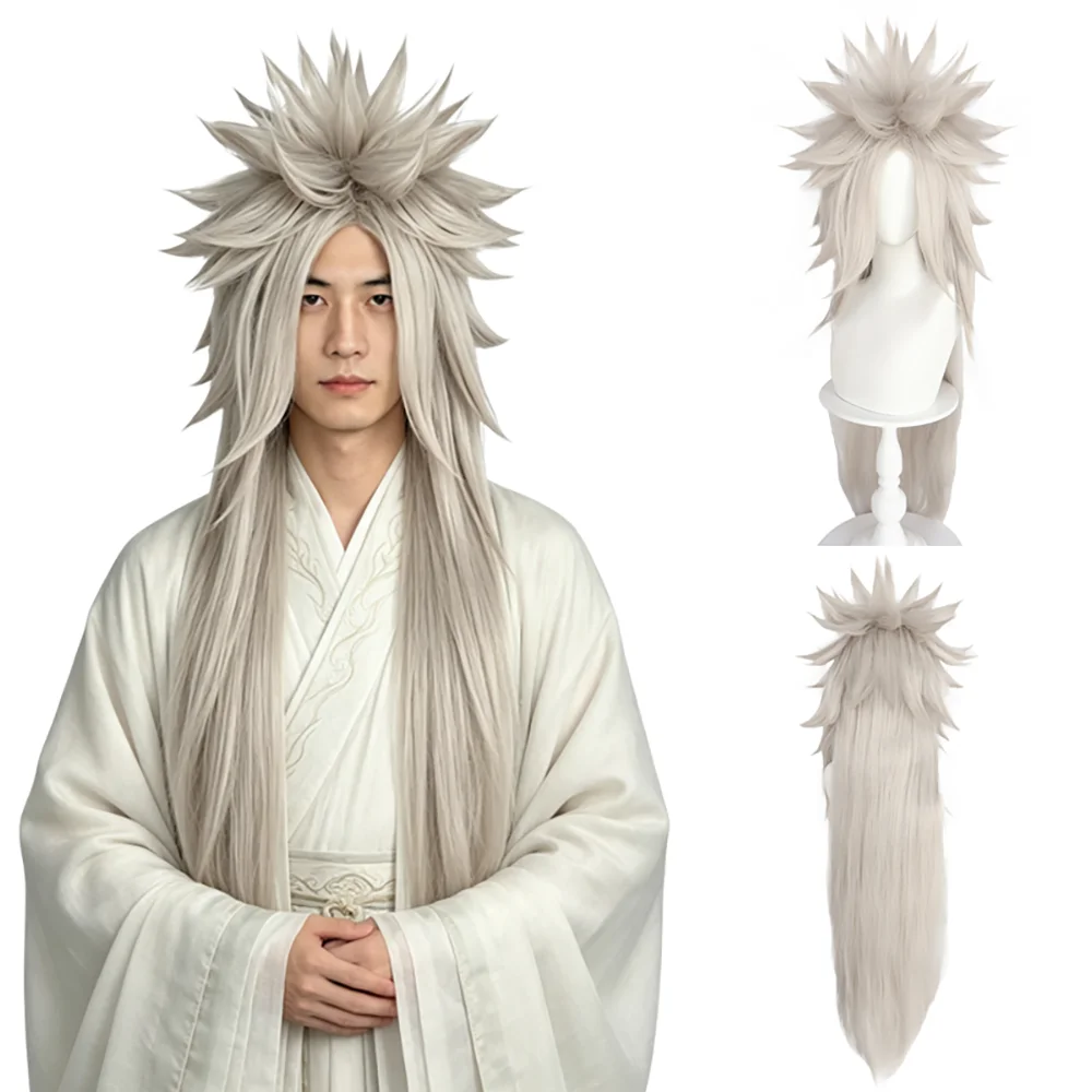Light Ash Gray Spiky Long Straight Ponytail Cosplay Wig Unisex Heat Resistant Synthetic Anime Wig for Halloween Party Costume