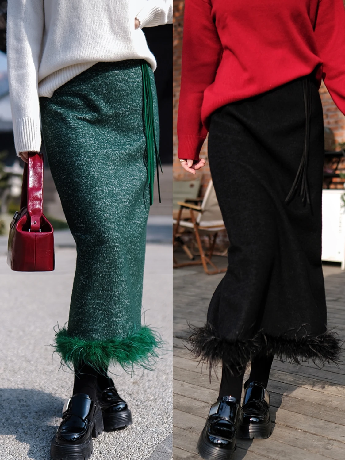 

Slimming Ostrich Feather f Skirt with Fringes Strong Sink Wool Straight Cut Autumn Winter Aosphere Sense Brand Interface