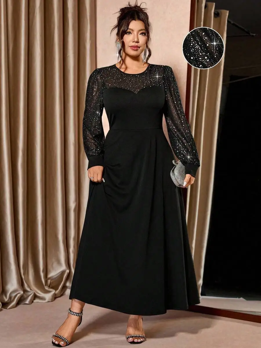 

Black Maxi Dress with Glitter Mesh Lantern Sleeves and Heart Neckline