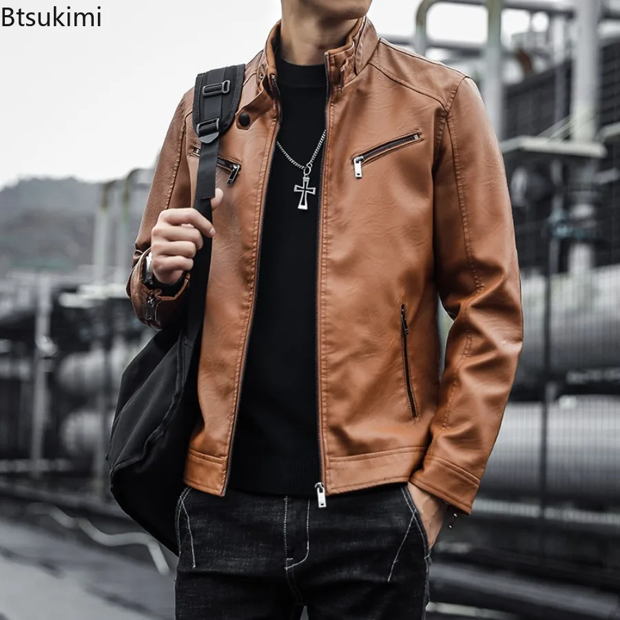 

New Men's Leather Suit Jackets Stand Collar Slim Punk Coats Fashion Motorcycle Leather Jackets Men Casual Streetwear All Seasons