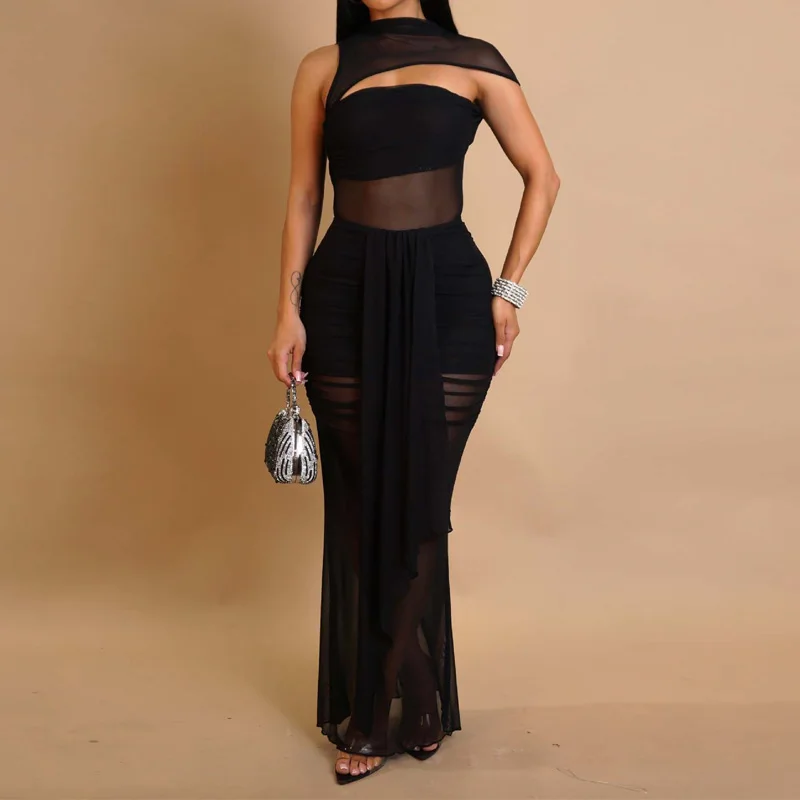 Slergiri Abito da donna sexy con scollo a lupetto in rete con spalle scoperte, festa da sera, elegante tubino aderente con volant, maxi abiti lunghi