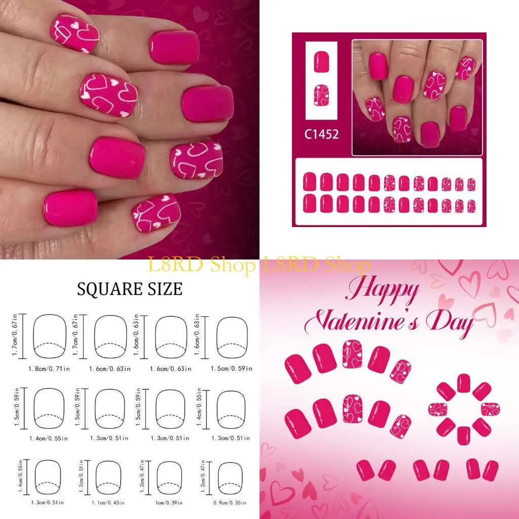 L8RD 24Pc Short Length Glitters Fake Press On Pink White Heart Patterns ABS Constructions Valentines Decorations