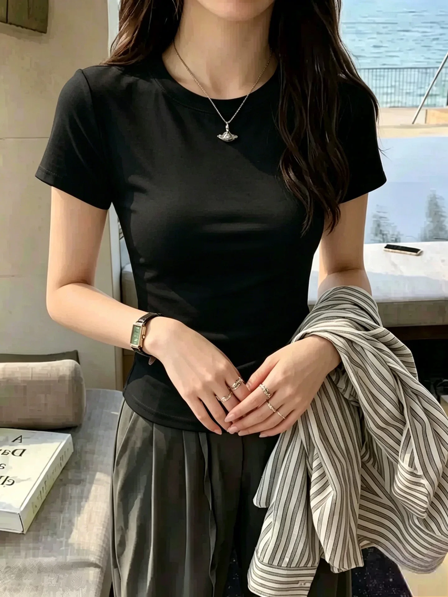 95 Cotton round Neck Short Sleeve Base Shirt Women's Inner Wear Slim Fit Top Summer T-Shirt Big Size plus MM Base Layer