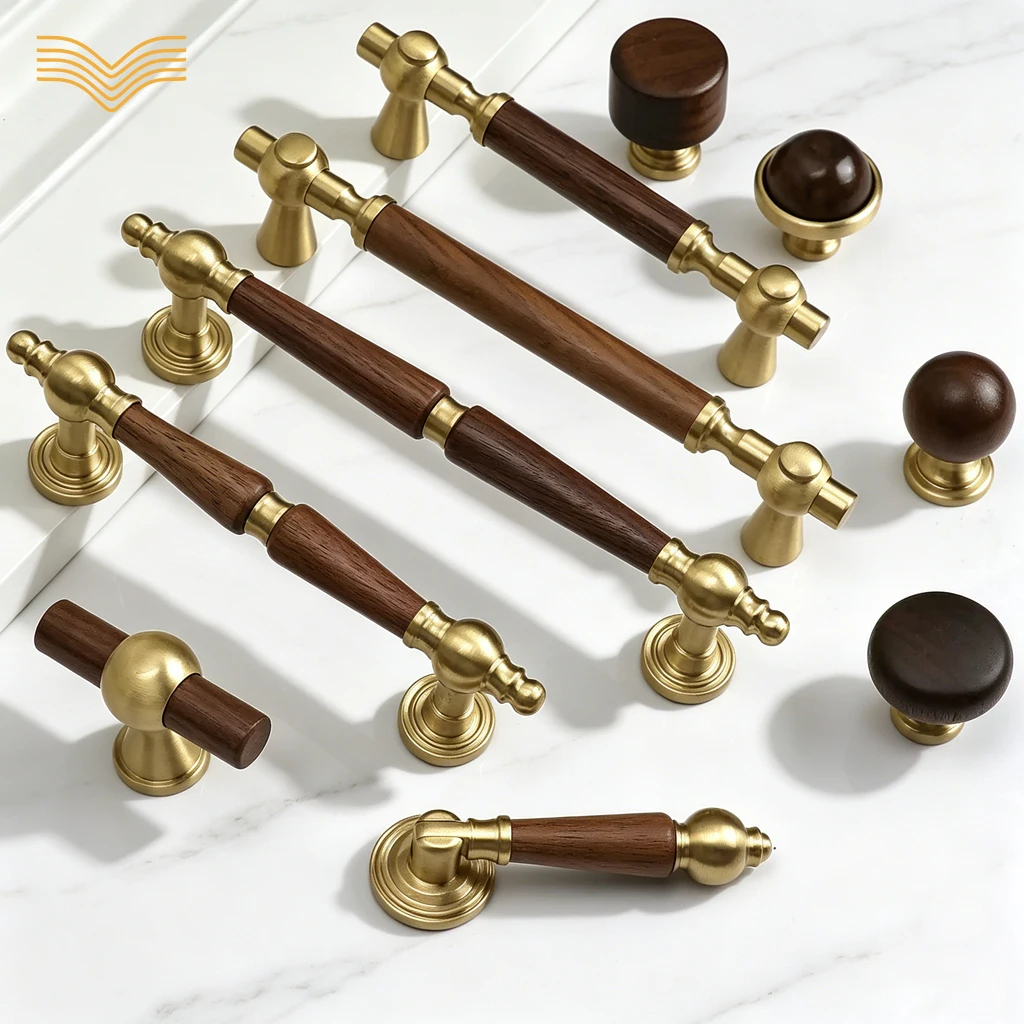 Black Walnut Vintage Wabi Sabi Cabinet Pull Handles Mid Century Solid Brass Round Knobs For Wardrobe Cupboard Drawer Door