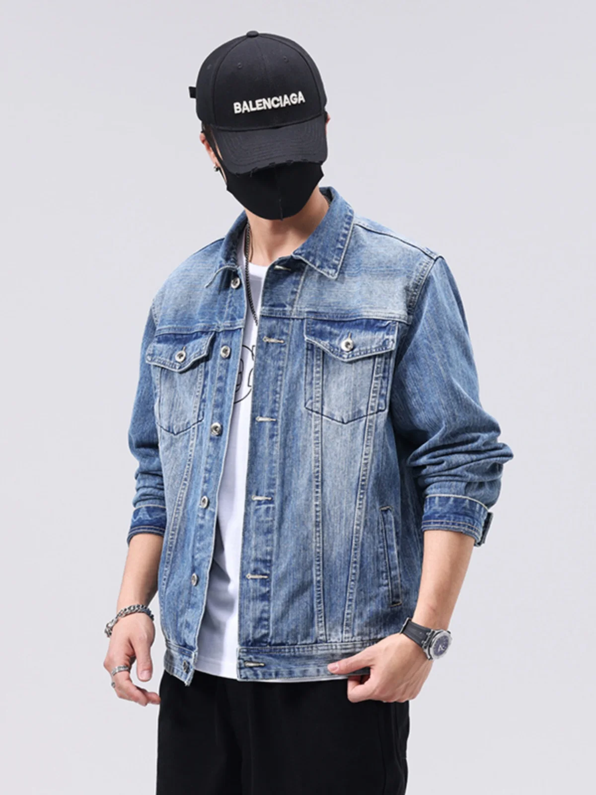

Мужская джинсовая куртка в корейском стиле Slim Fit, модный топ с воротником, универсальная верхняя одежда с длинными рукавами для молодежи, повседневная осенняя новинка
