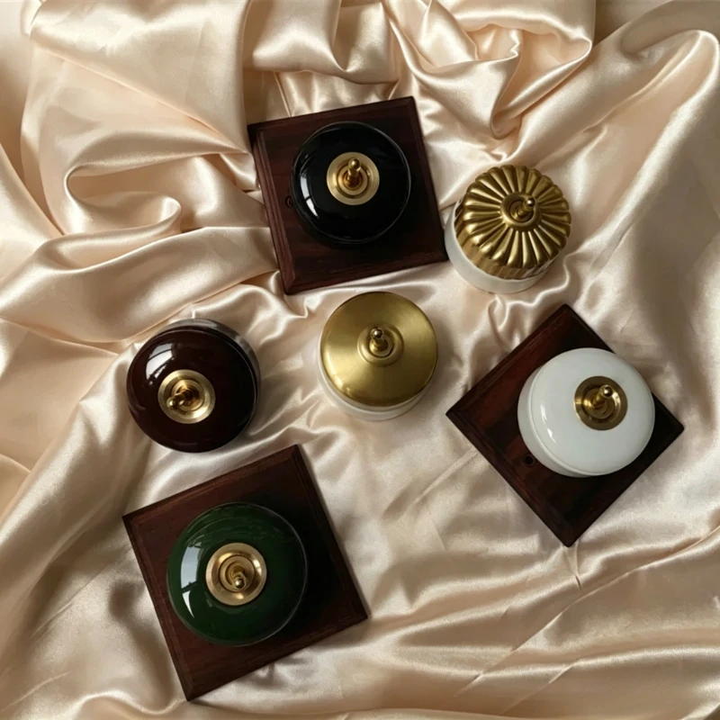 Round Brass Toggle Switch Retro Lever Creative Black White Simple Decorate Round Ceramic Porcelain Two Way Light Switch