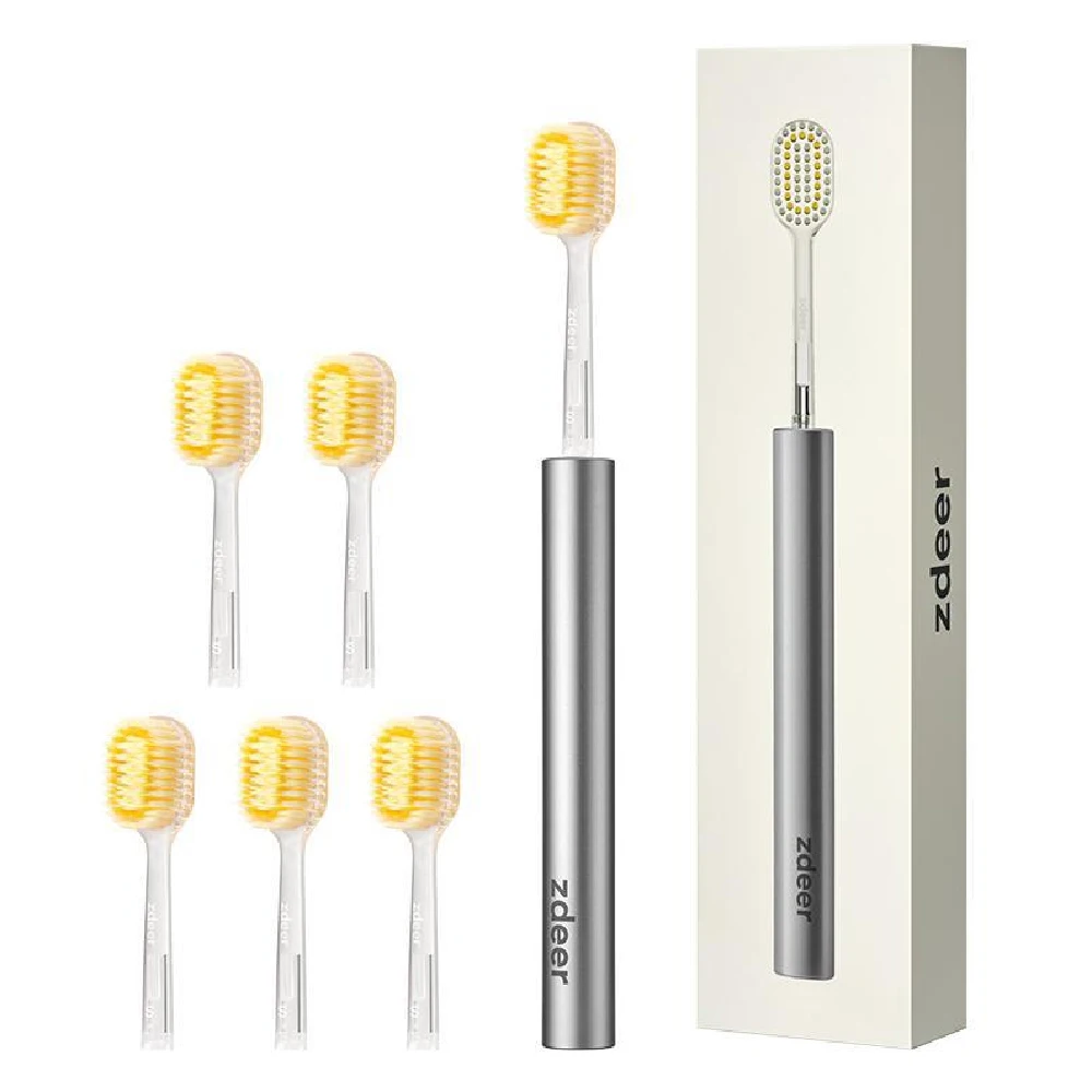 ZDEER Metal Handle Manual Toothbrush Set with 6 Soft Replaceable Heads, Sensitive Gum Friendly Reusable Oral Care for Adults