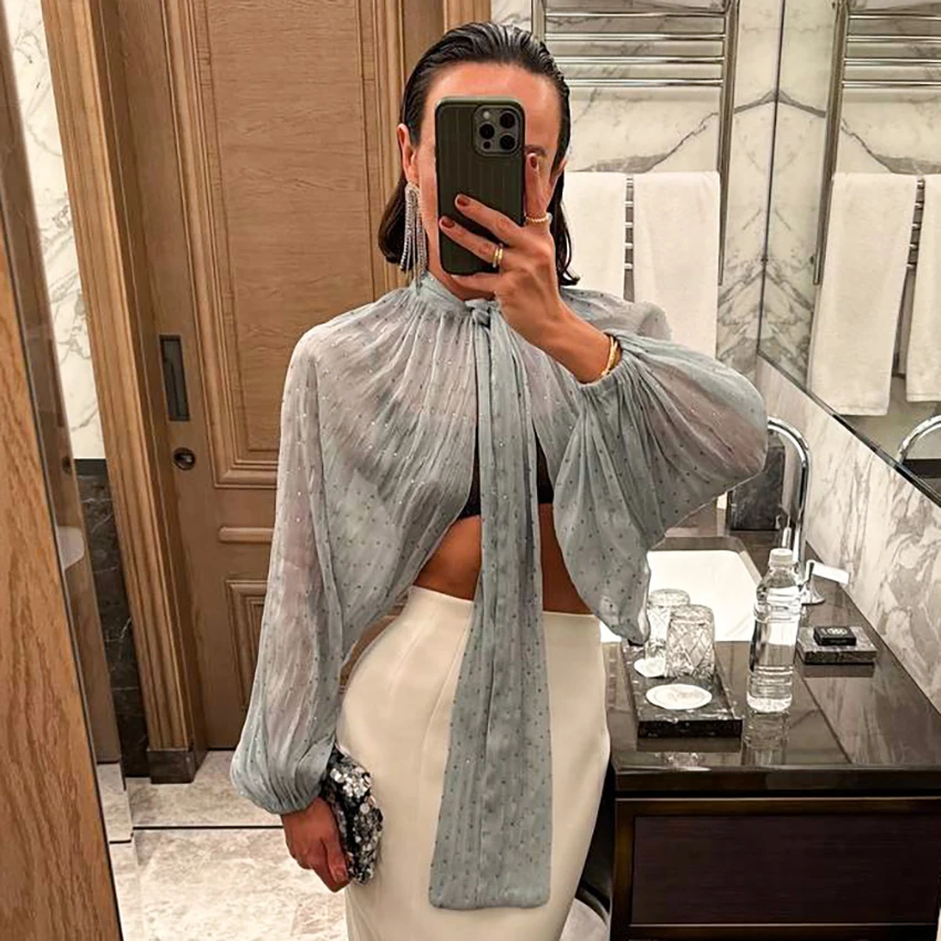 Linad Elegante Camicetta con maniche a lanterna nera trasparente Donna 2026 Camicie asimmetriche nere sexy Donna Autunno Street Chic Top larghi