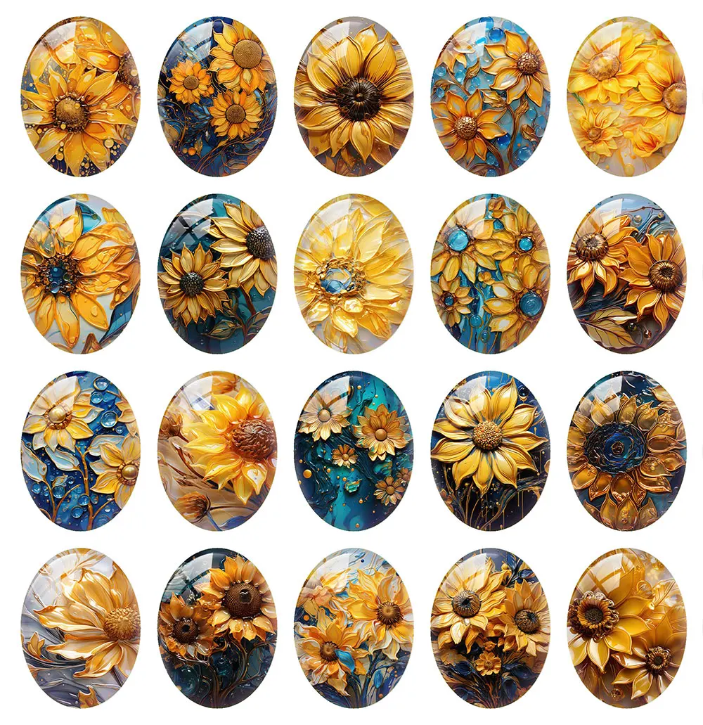 10pcs/lots Oval Sunflower Photo Glass Cabochon Charms Demo Flat Back Cameo For Diy Jewelry Making Findings Accessories