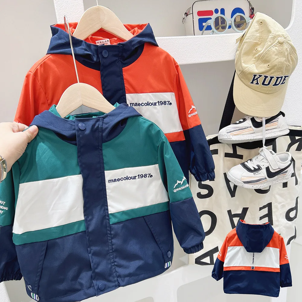 Kid Boys Outerwear Spring Autumn New Hooded Patchwork Letter Print Children Boys Jackets Zipper Stylish Students Boy Cargo Coats