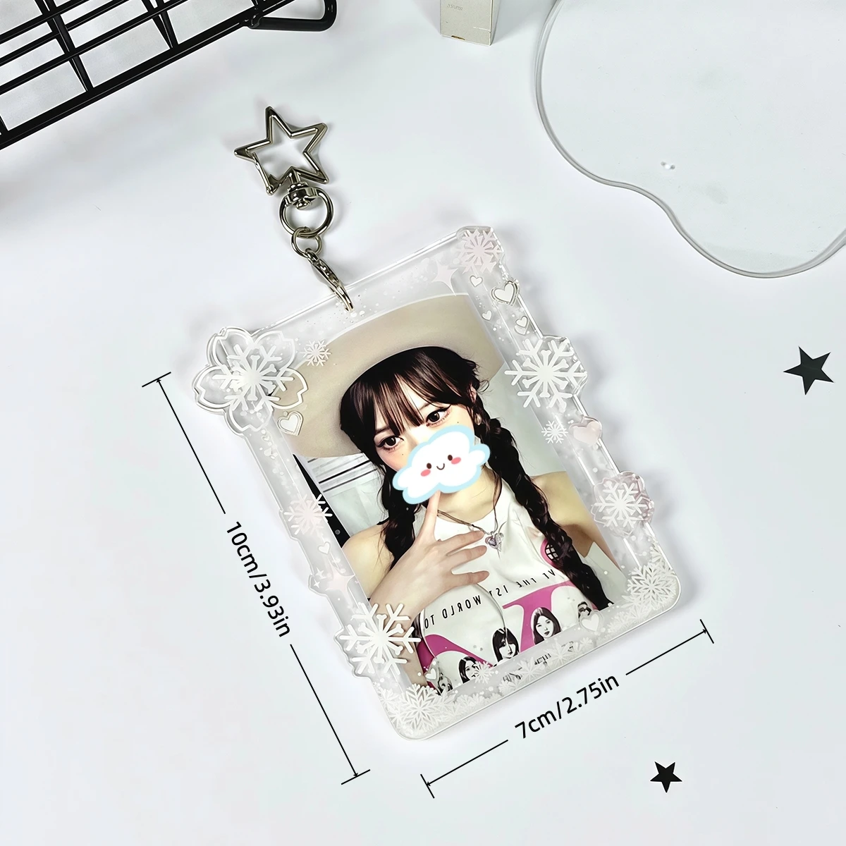 KPOP Acrylic Photocard Holder Keychain, Snowflake Photo Card Case Bag Charm, Clear Display Frame for Idol Photocards