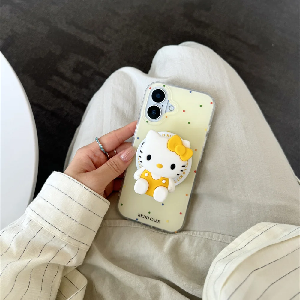 

Simple Black Polka Dot Magnetic Phone Case For iPhone 16 Pro 15 14 13 Pro Max Cover with 3D HelloKitty Stand Holder for Magsafe