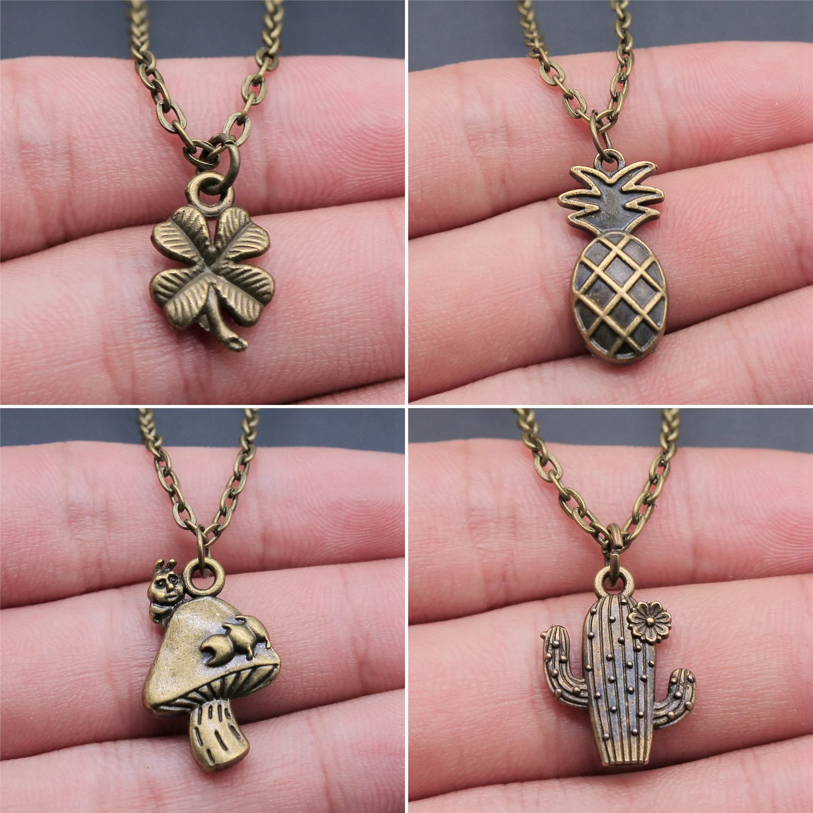 Boho Four Leaf Clover Mushroom Plant Boho Necklaces 43cm Chain Charm Necklace For Women Boho Vintage Jewelry Gift