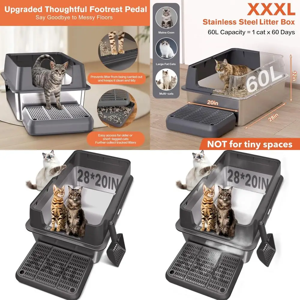 

Очень большой лоток для кошек из нержавеющей стали с крышкой и совком для крупных кошек, легко чистится, защита от протеканий, без запаха
