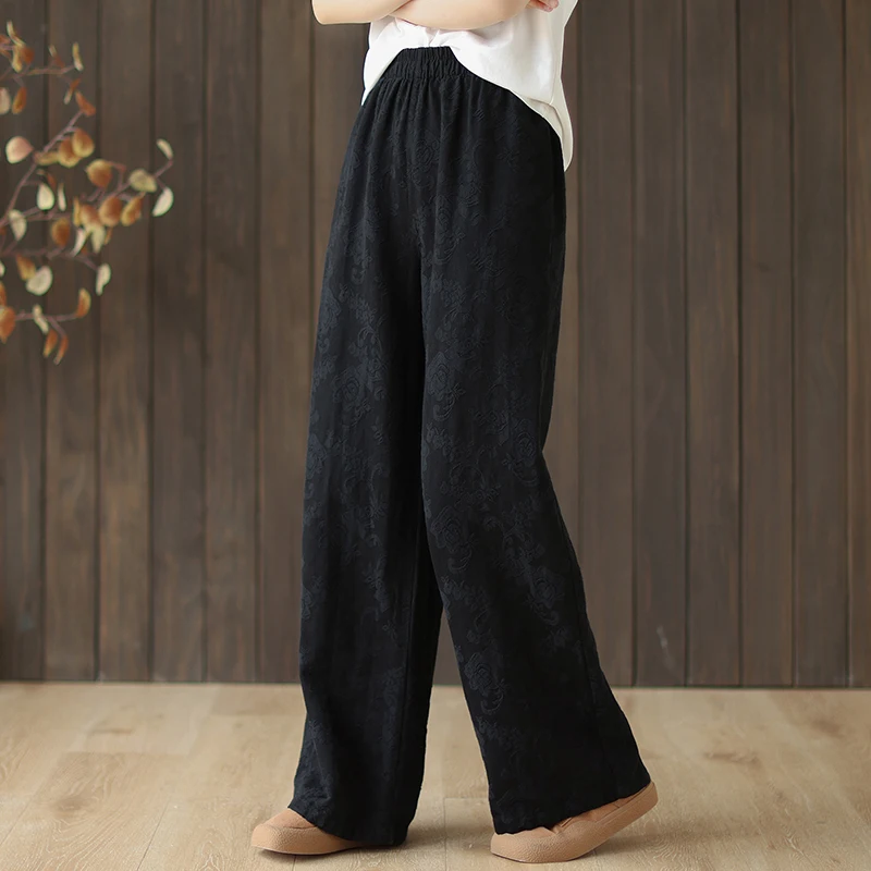 Herfst Winter Nieuwe Chinese Sle Veelzijdige Bloemen Katoen Linnen Wijde Pijpen Broek Hoge Taille Lange Broek Faionable Dames Clo...