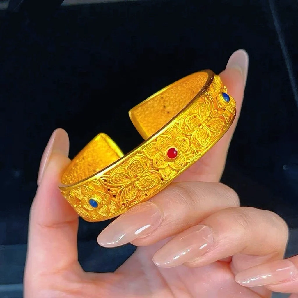 

24K Gold AU999 Wide Filigree Bracelet Women's - Handmade filigree, value-preserving, for wedding gifting & Chinese romance