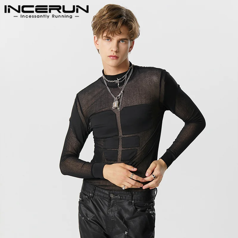 Sexy Style Mens Jumpsuits INCERUN Fashion Mesh Patchwork Patch Jumpsuits Casual Hot Selling Male Thin Long Sleeved Rompers S-5XL