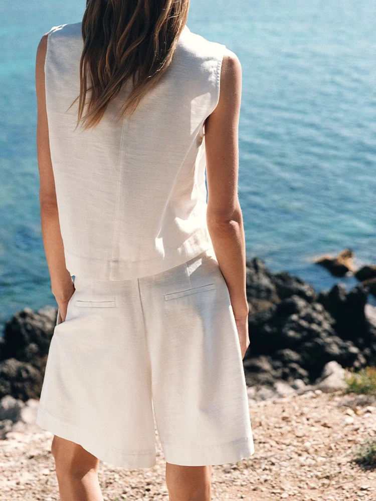 وصل حديثًا ملابس نسائية صيفية بجيوب رقعة بسيطة وطية صدر السترة بدون أكمام مع حزام شورت غير رسمي عالي الخصر #2