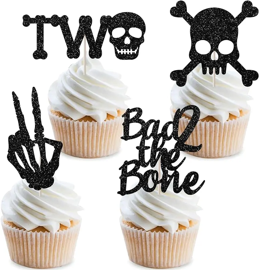 

36Pcs Bad Two The Bone Cake Toppers Rock Themed 2nd Birthday Decor Skull Second Birthday Party Supplies for Boy Girl