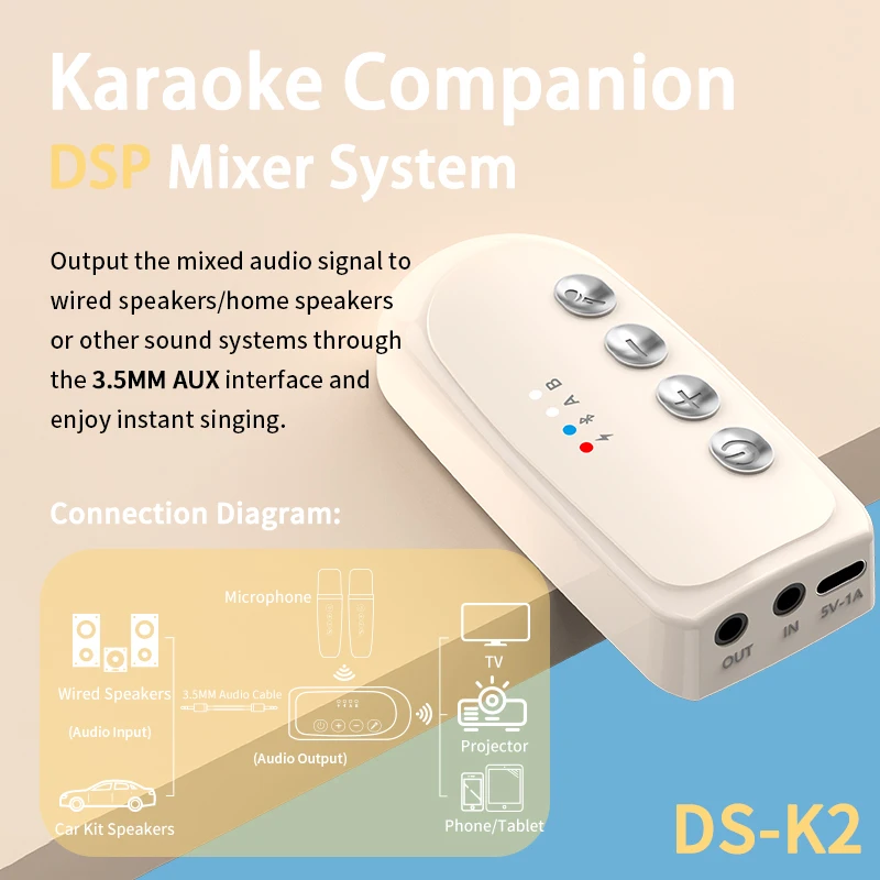VAORLO DS-K2 Bluetooth Wireless Moving-Coil Microphone Karaoke Companion RGB Light KTV DSP Mixer System For PC Wired Speaker Car
