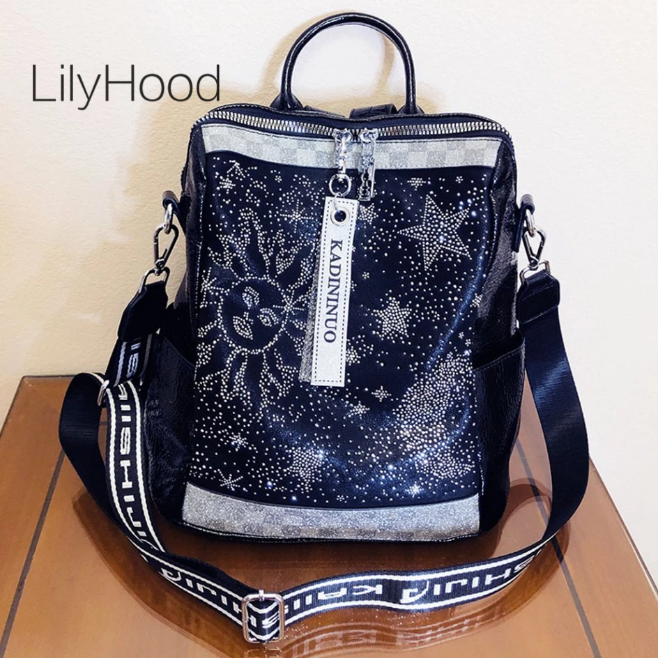 

Female Vegan Leather Shiny Rhinestone Big Capacity Daily Backpack 90s Fashion Casual Stylish College Laptop Travel bagpack Bag