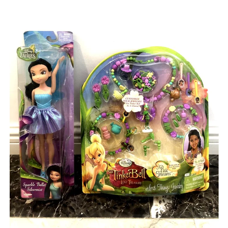 

Genuine Disney Princess Figure Treasure Tinker Bell DIY Beading Necklace Set Ear Pendants Children Pearls Jewels Toy