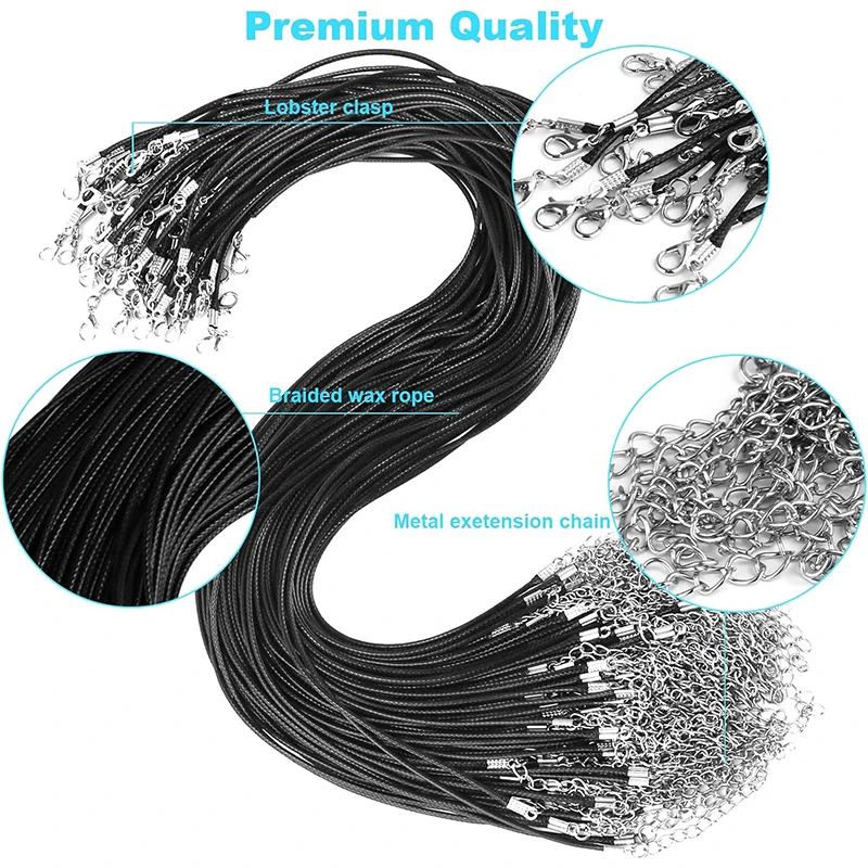 50Pcs Premium Leather Necklace Chains Bracelet Cord with Clasps for Pendants, Bulk Waxed Rope Necklace String, Black , 18\