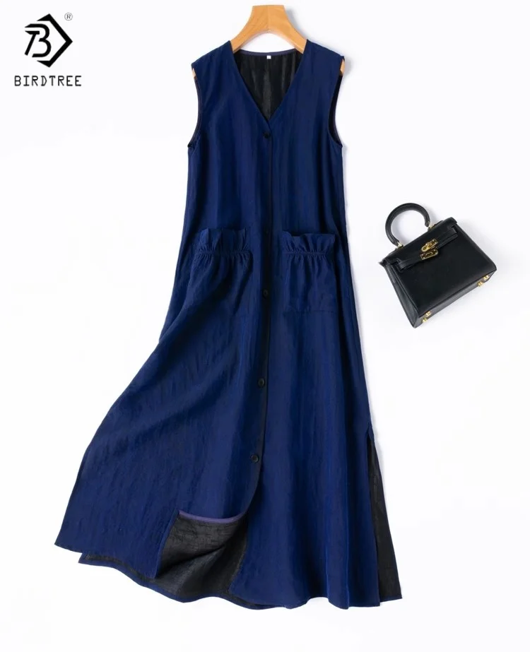 

Birdtree Summer 100% Mulberry Silk Dress,Women Craquelure V-neck Sleeveless Single Breasted Solid Color Long Skirt D56305JF