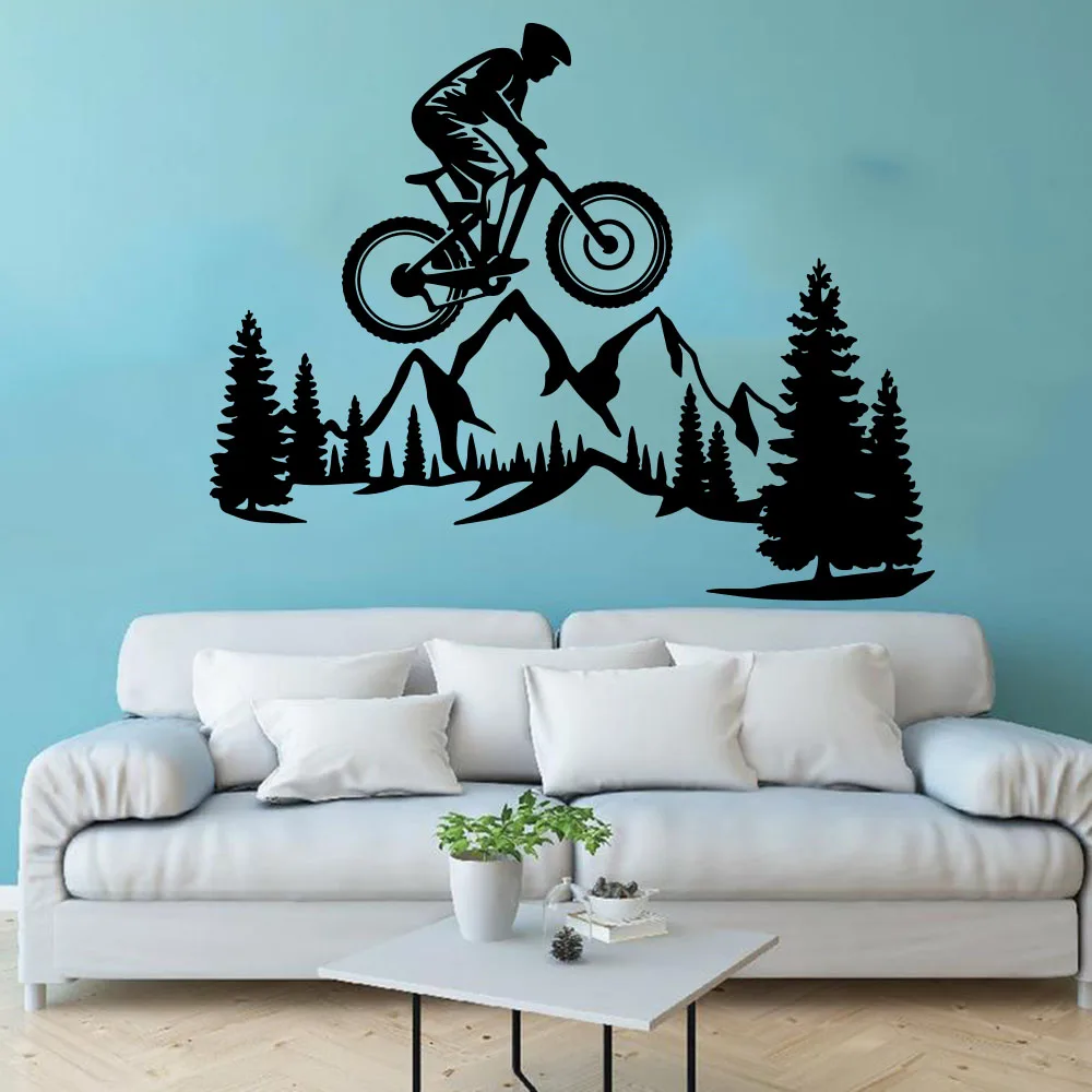 

Wild Mountain Bike Scene Extreme Sports Wall Sticker Travel Adventure Mountain Tree Wildlife Wall Decal Bedroom Vinyl Home