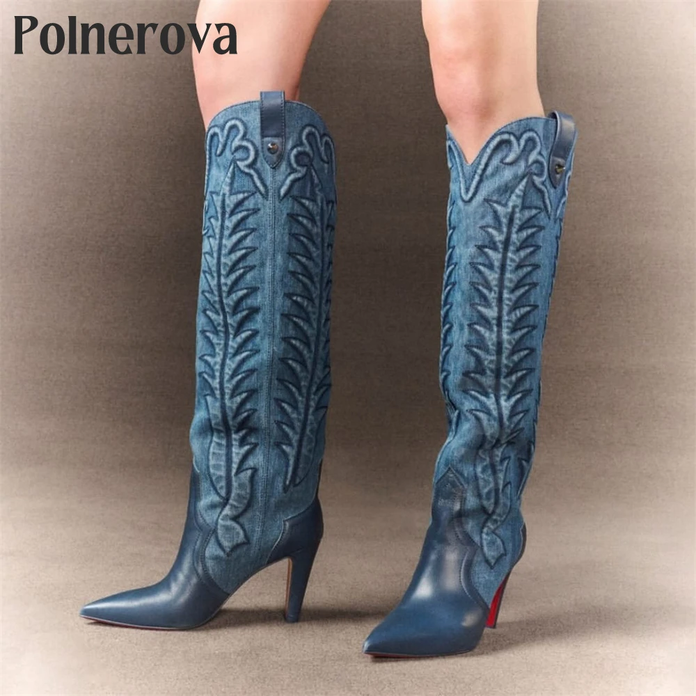 Vintage Washed Denim Western Knee Boots Embroidered Denim Pull-On Boots for Women Pointed Toe Stiletto Designer Handmade Boots