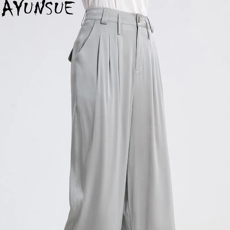 AYUNSUE 95% Silk Women's Pants and Trousers High Waist Wide Leg Pants for Woman Solid Color Commuting Woman Clothes Summer 바지