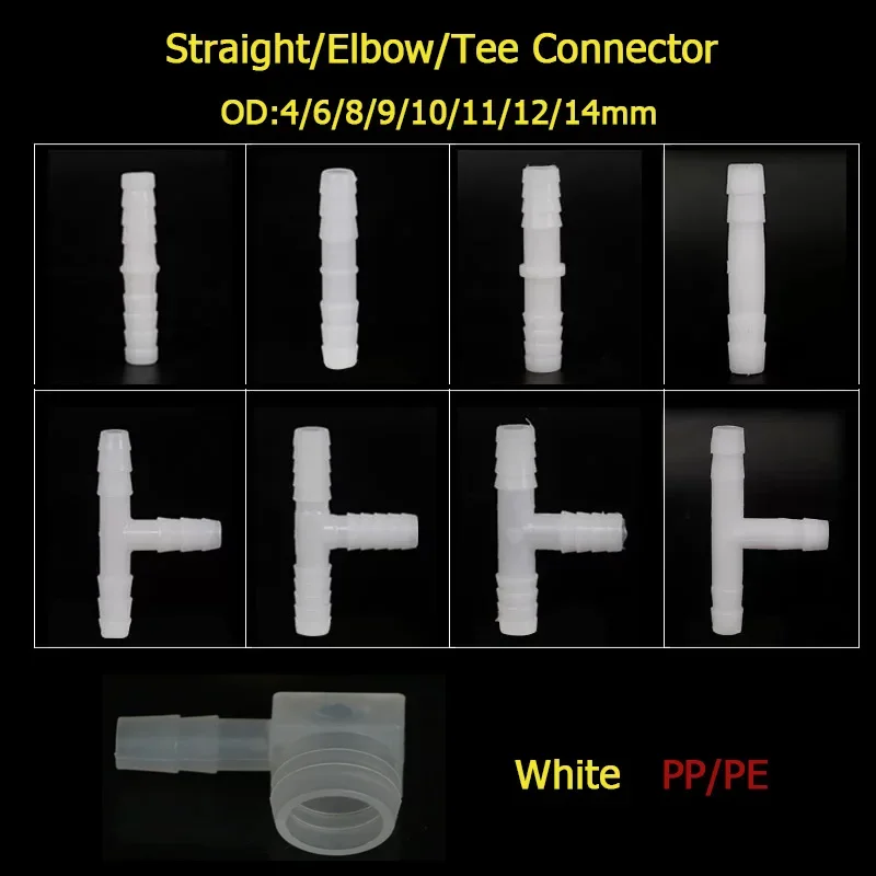4~14mm White PE/PP Straight/Elbow/Tee Connector Aquarium Tank Air Pump Hose Pagoda Joints Garden Irrigation Water Pipe Connector