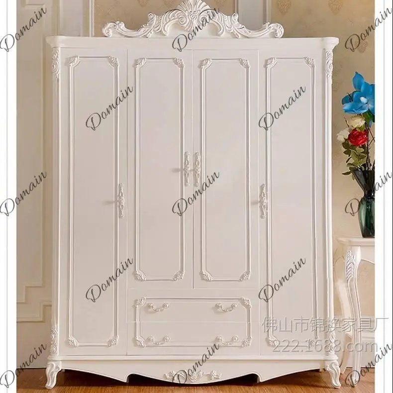 Solid wood white wardrobe European 4-door bedroom wardrobe sliding door simple five-door wardrobe with double pumping