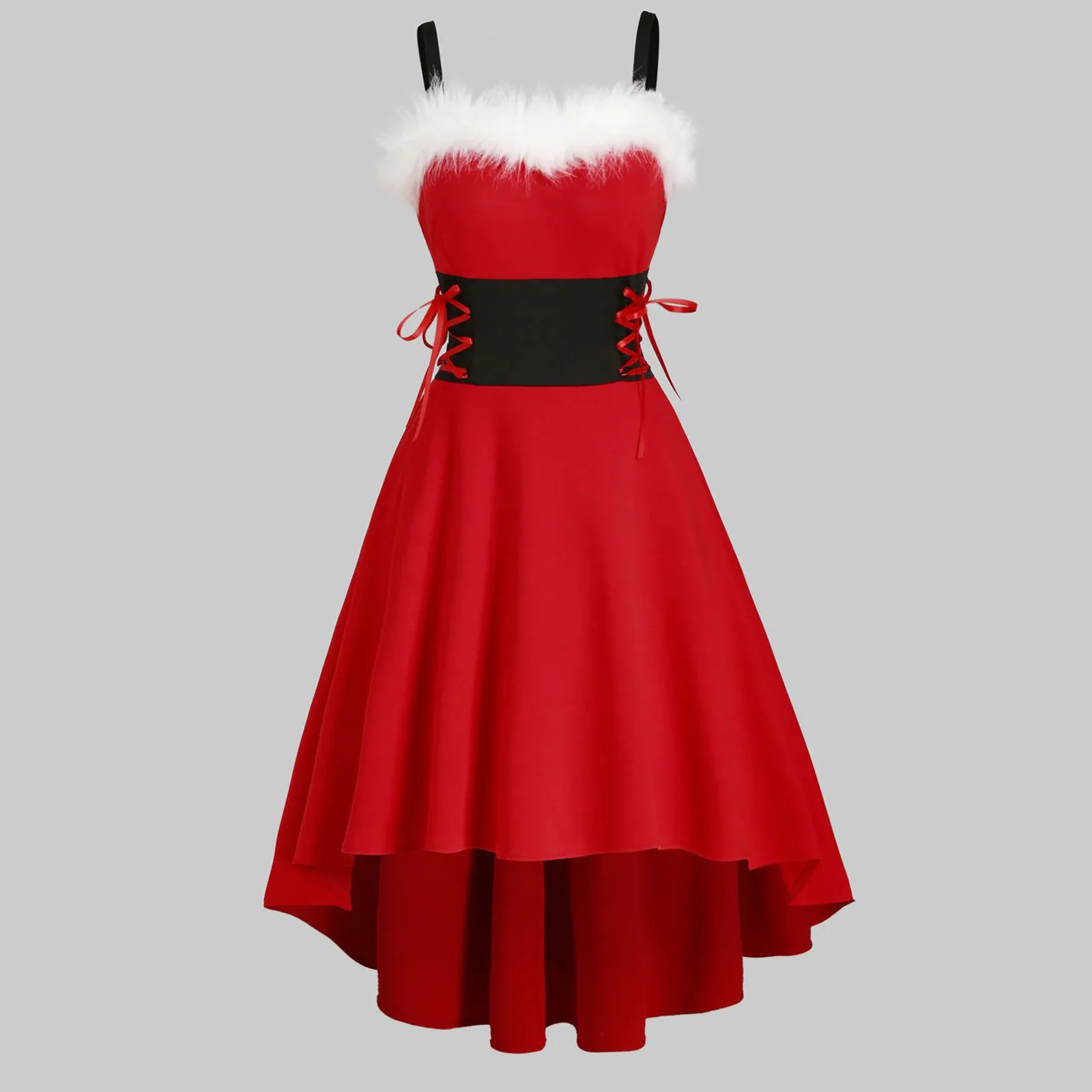 Christmas Color Block Faux Lace Up Dress Asymmetrical High Low Elegant Midi Dresses Women Casual Patchwork Pleated Dress