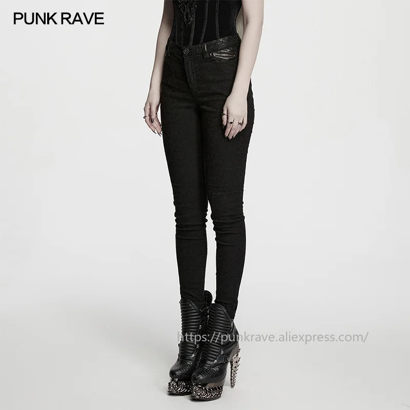 PUNK RAVE Women's Gothic Dark Patterned  Jacquard Pants Waist Features  Lace Decoration Slim-fit Tapered Trousers