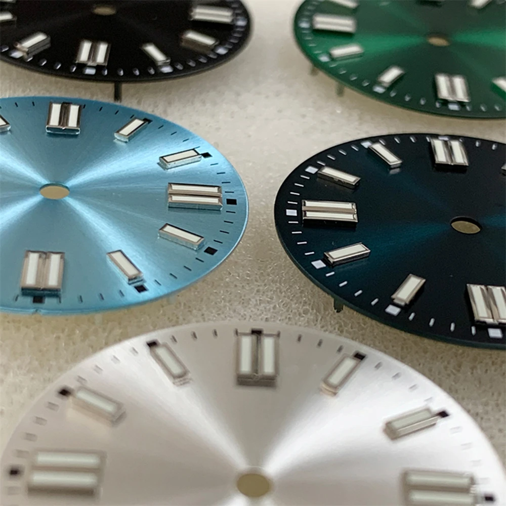 28.5mm NH35 Dial, Green Luminous Watch Dial for NH35/ETA2836/8215/Mingzhu 2813 Movement No Calendar Watch Face 3 o'clock