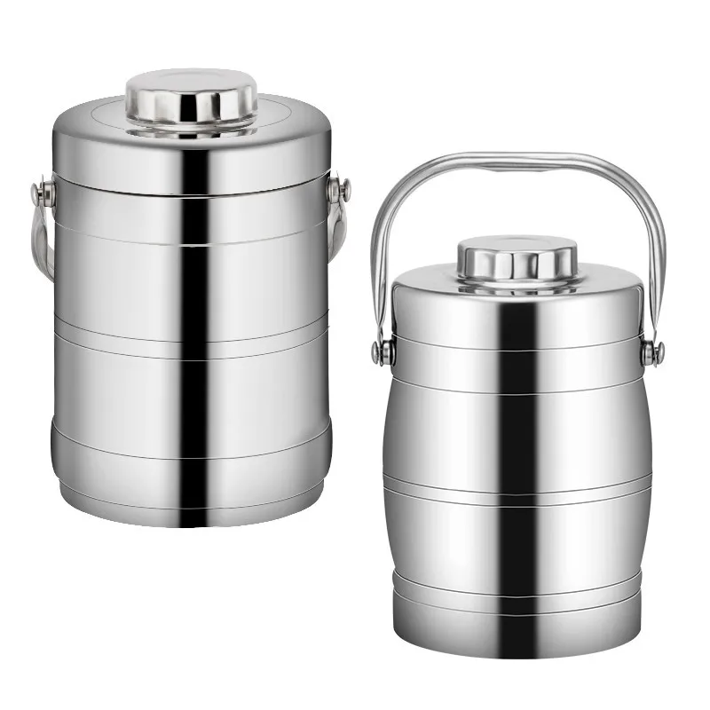 

Stainless Steel Double Layer Insulated Lunch Box Drum Shape Portable Leak Proof with Handle and Bowl for Office School Use