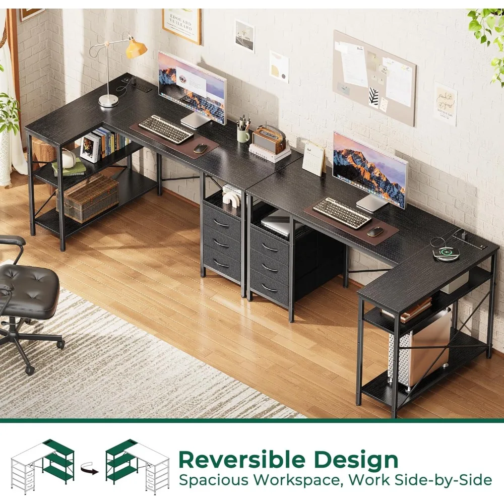 مكتب مكتب كبير على شكل حرف L مع منافذ طاقة، 47 مكتب ألعاب ومنزلي مع 3 أدراج وأرفف تخزين #4