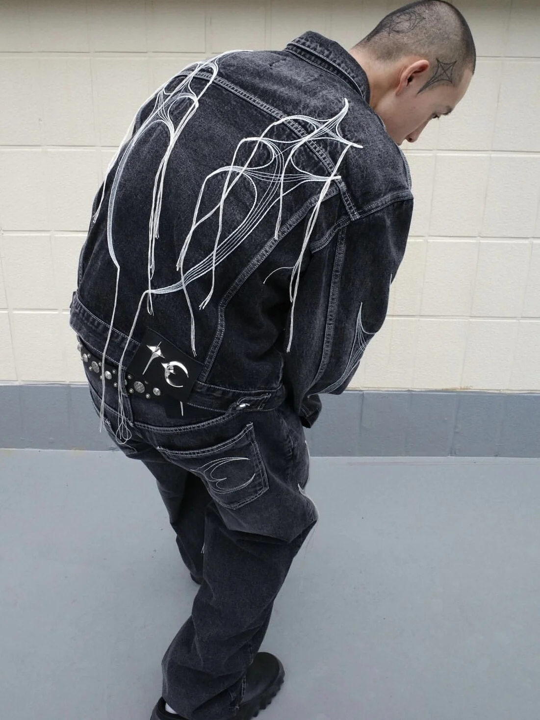 Thug Club Heavy Work Denim Jacket And Jeans Set with Fringe Embroidery Silver Logo Trendy Outerwear for Young Men in Autumn