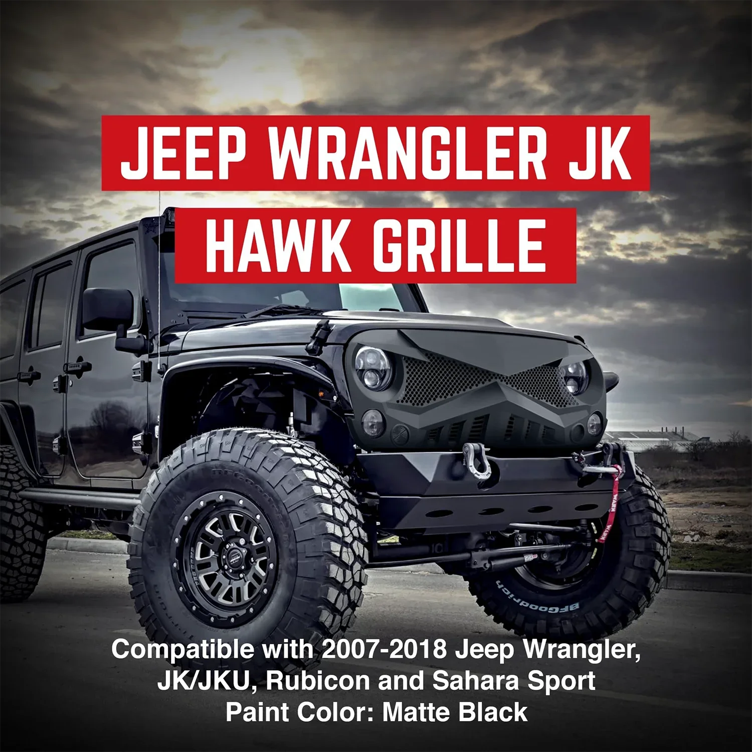 Hawke Front Grille Cover Compatible with Jeep Wrangler, JK/JKU Rubicon, and Sahara Sport 2007 - 2018 Models Matte Black