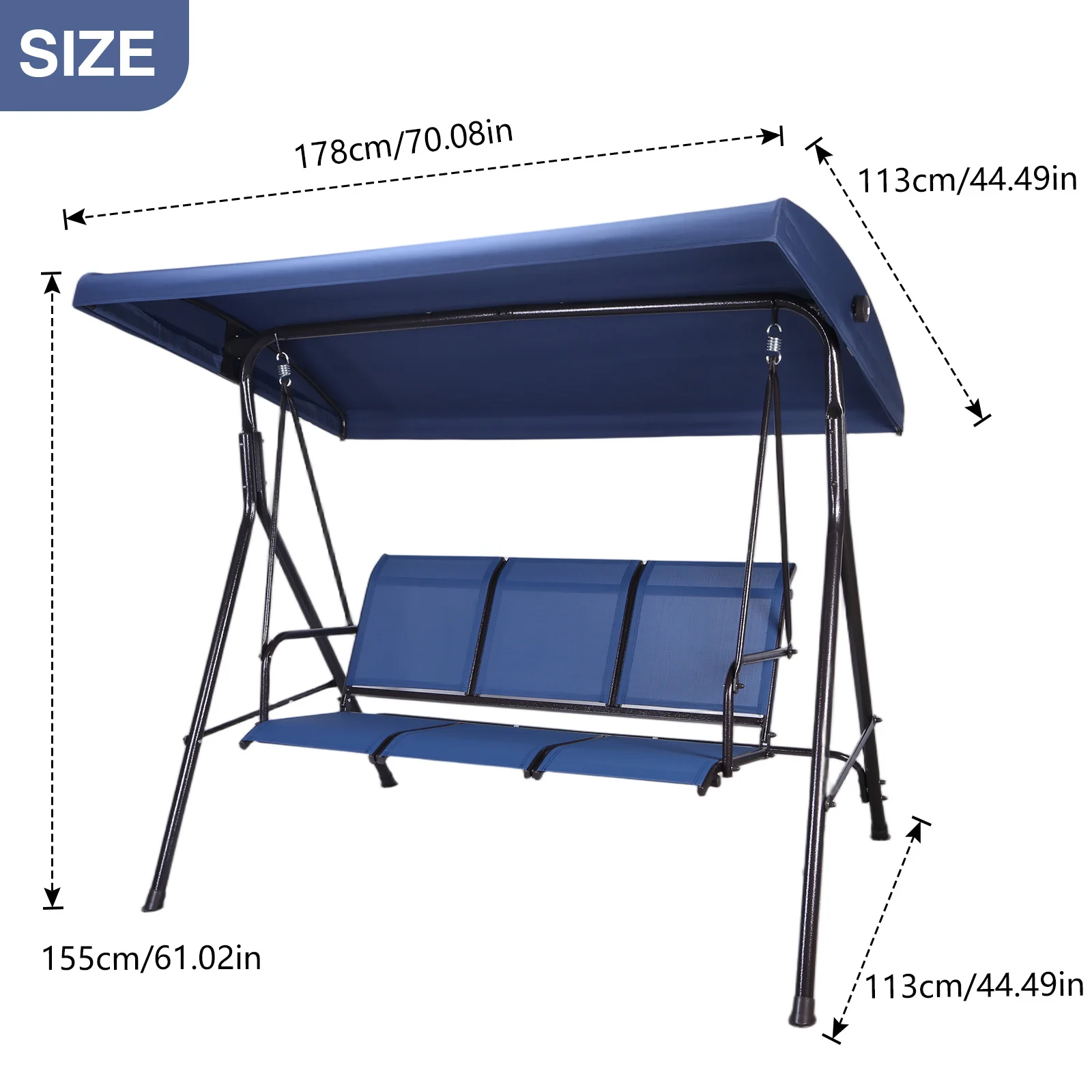 Balanços de pátio ao ar livre de 3 lugares com dossel balanço de varanda ajustável com suporte almofadas de atualização e bandeja lateral dobrável para