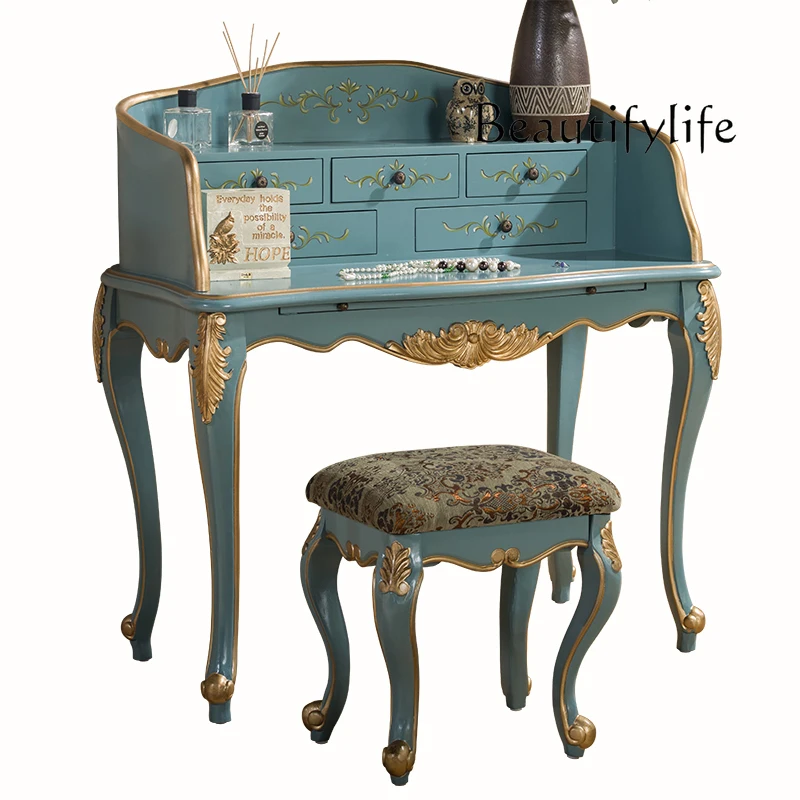 

American dressing table Small apartment Bedroom Household multi-functional blue makeup desk Mediterranean painted desk