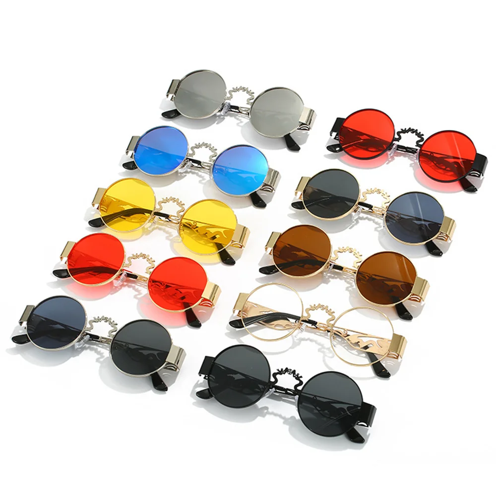 KLASSNUM Punk Sunglasses Men Dragon and Phoenix Carved Leg Sun glasses Metal Round Frame Sun Glasses Women Fashion Eyepiece New