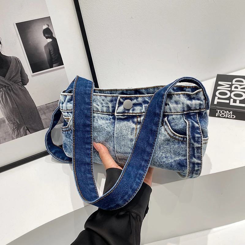 Cowboy Underarm Bag Women\'s Retro Denim 2024 Summer New Style Trendy Sea Blue Patchwork Fashion Handheld Shoulder Bag