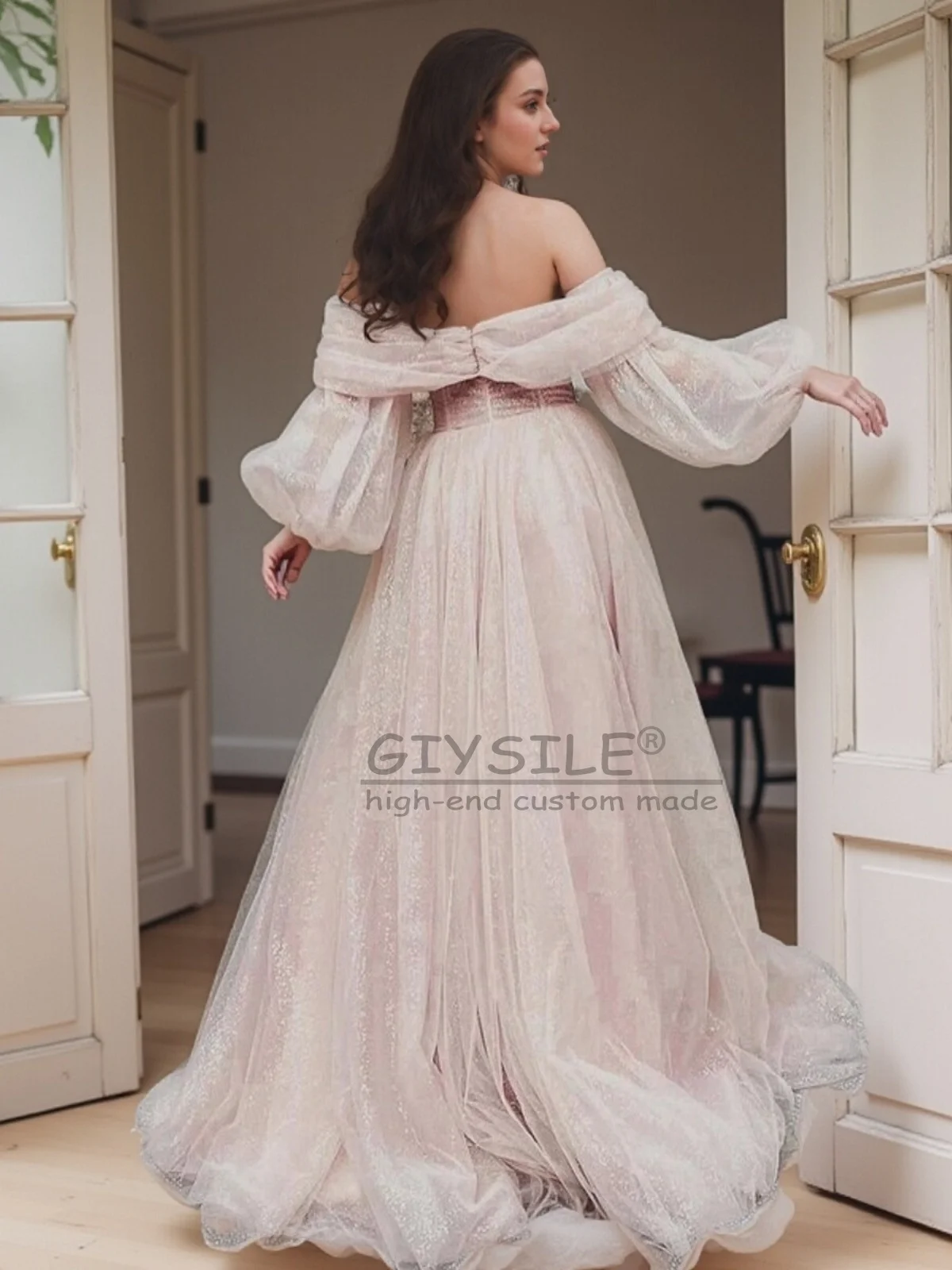 GIYSILE Customized Strapless Mesh Dress with One Shoulder and Bubble Sleeves Evening Gowns Pink Gentle and Front Slit Dresses