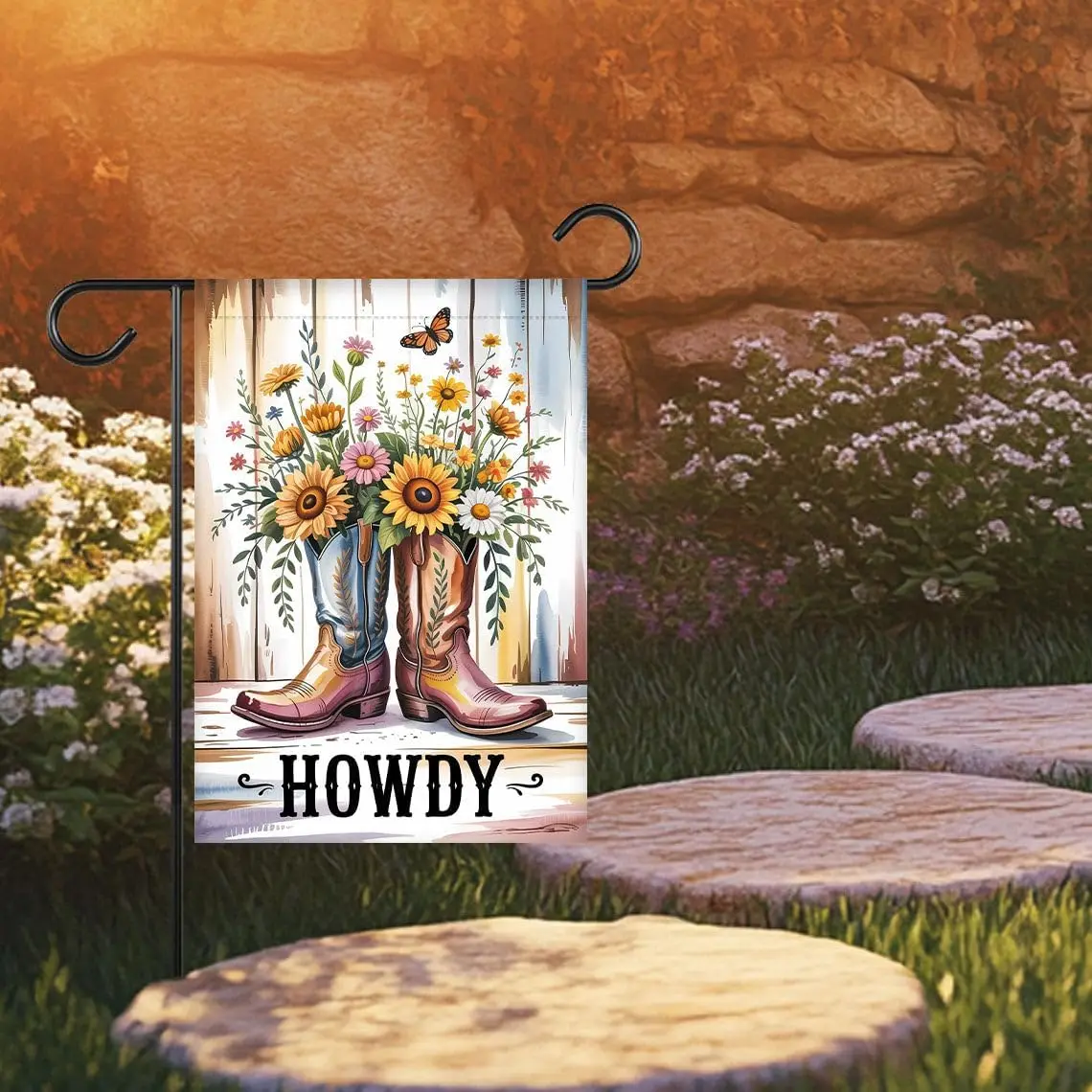 Howdy Cowboy Boots Garden Flag, Butterfly And Summer Floral Yard Flag For Friends And Family, Cowboy Boots Banner, Housewarm uui
