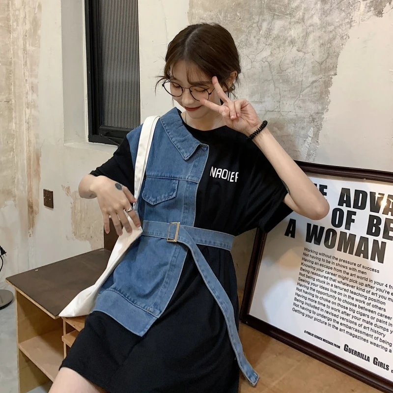 2025 Zuid-Koreaanse Denim Splicing Jurk Ronde Hals Korte Mouw K Mode Vrouwen Taille Aanscherping Onregelmatige T-shirt Rok